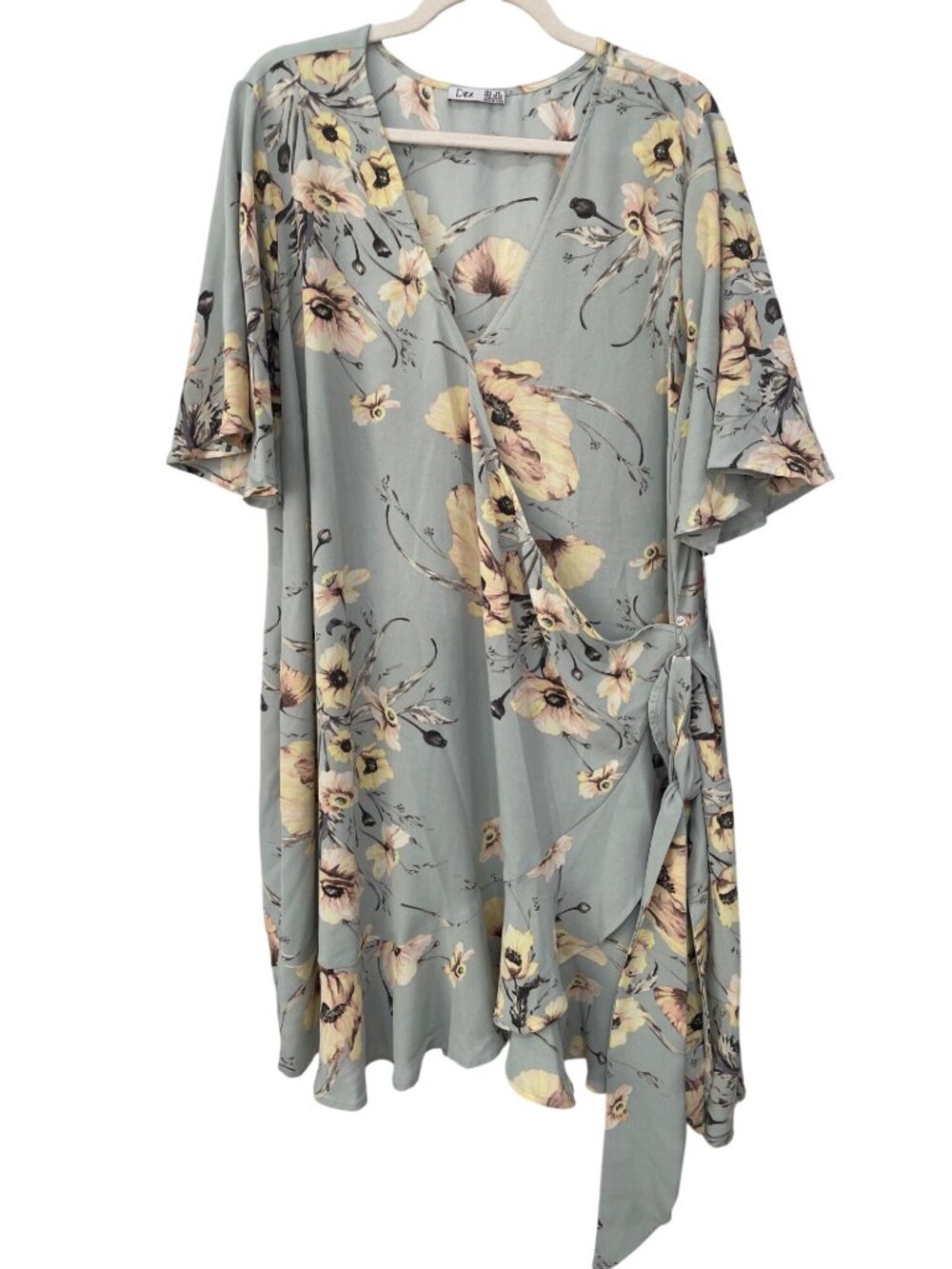 Dex Wrap Dress 3X Floral V-Neck Short Sleeve Side Tie Ruffle Hem Mint Boho NEW